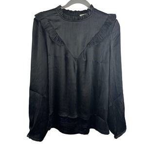 NWT See You Soon Womens Sz 2 Business Black Ruffle Top Woven Long Sleeve Blouse